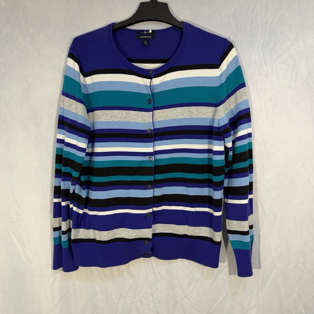 Lands End L (14/16) Cardigan Sweater Blue Striped Buttons Knit Supima Cotton